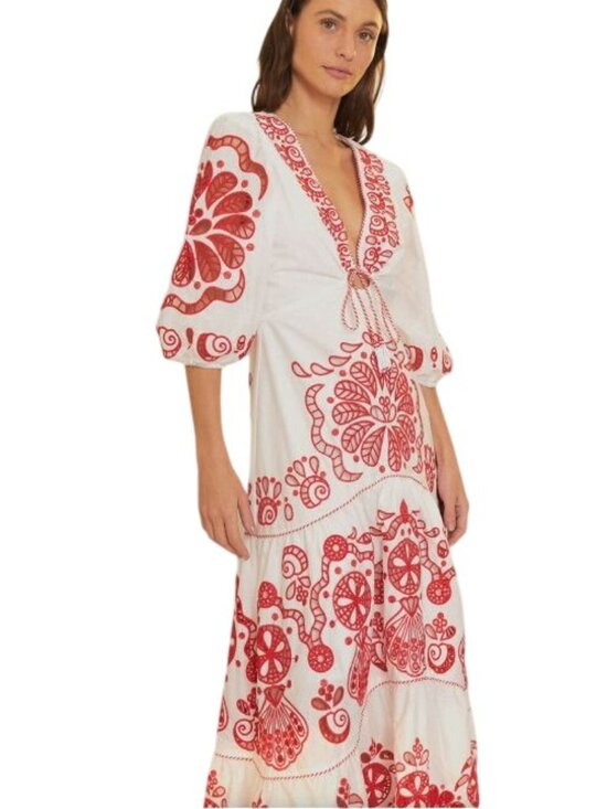 New Farm Rio Embroidered Maxi Dress Red Richelieu Floral Size Small